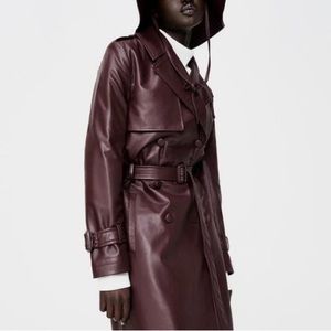 ZARA Faux Leather Trench Coat Burgundy